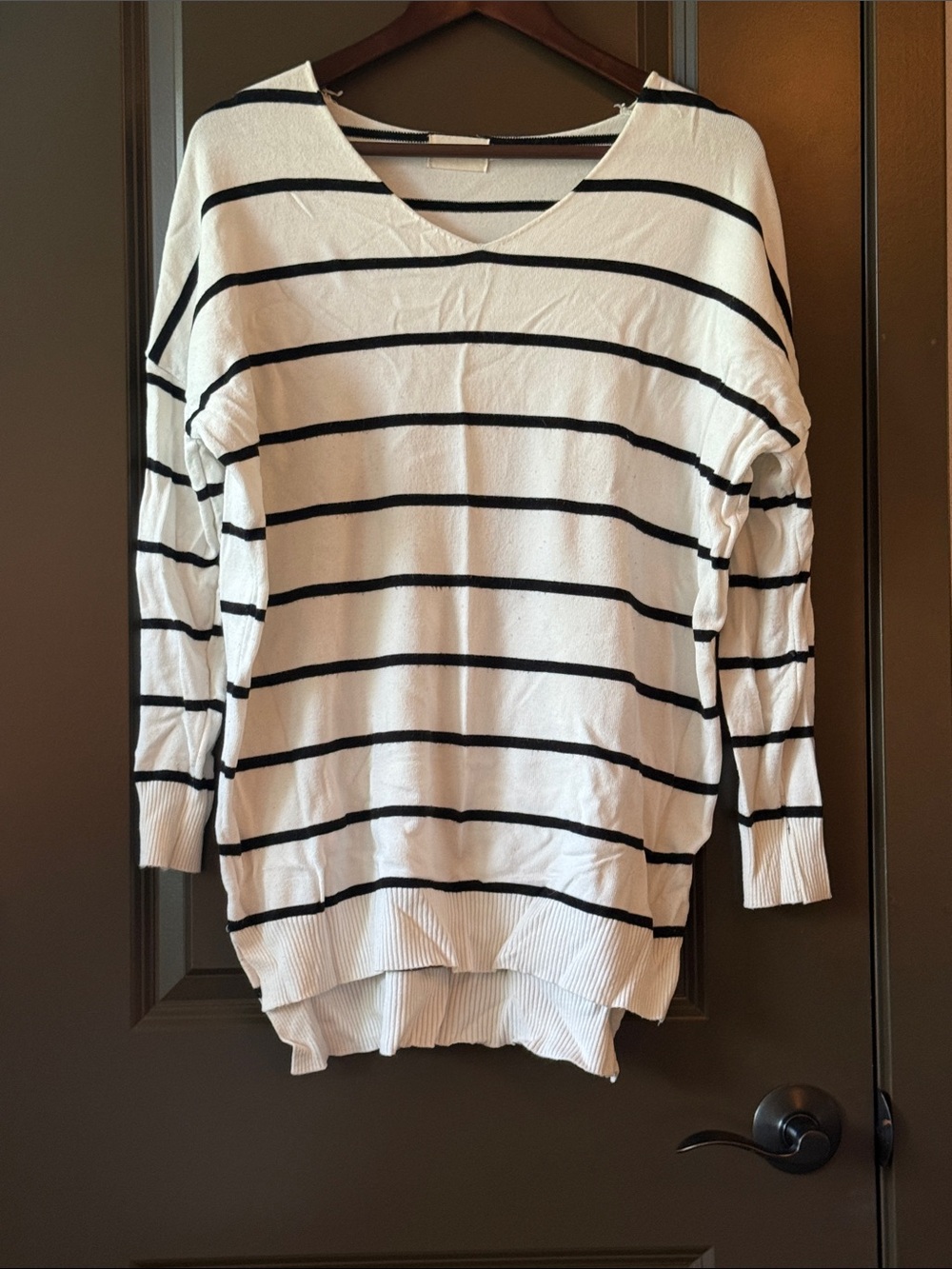 Dreamers White V-Neck Striped Sweater with Black Stripes